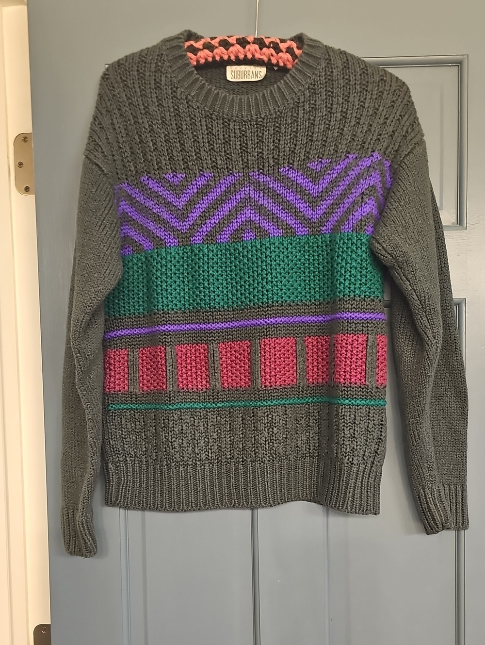 Country Suburbans Gray Knit Sweater 80s Purple Teal Maroon Cable Small Women Man